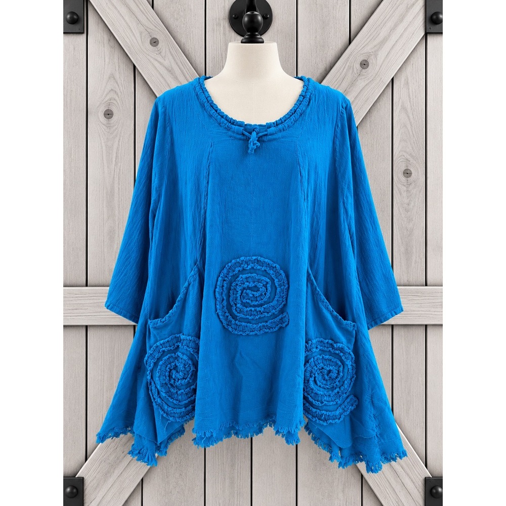 Oh My Gauze Tunic Top 2 L/XL Blue Cotton Spiral Applique Raw Hem Boho Lagenlook